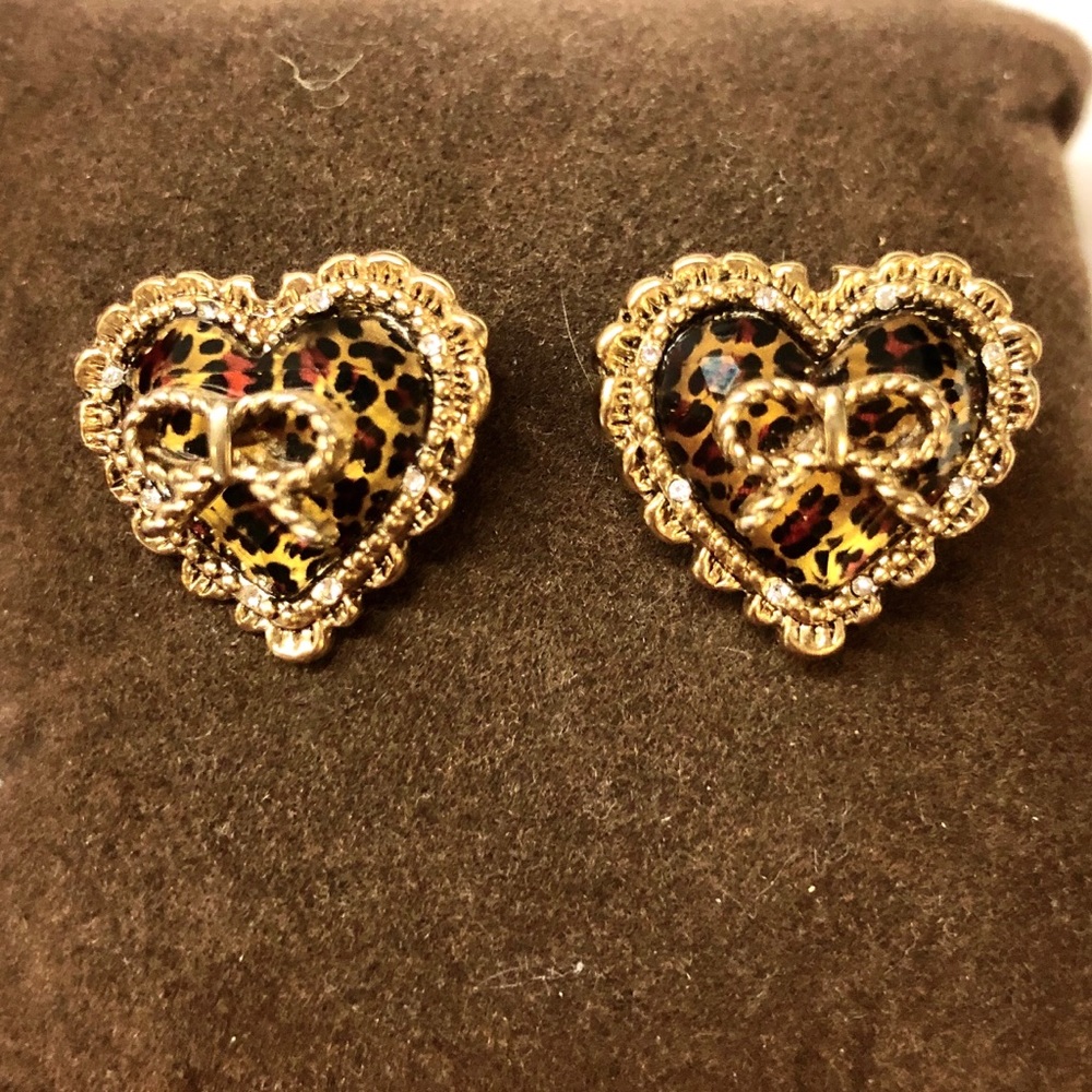Leopard Print Heart Gold Bow Stud Earrings